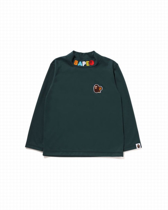 Bape Ape Head & Milo One Point High Neck L/S Tricko Detske Tmavo Zelene | SK-3107