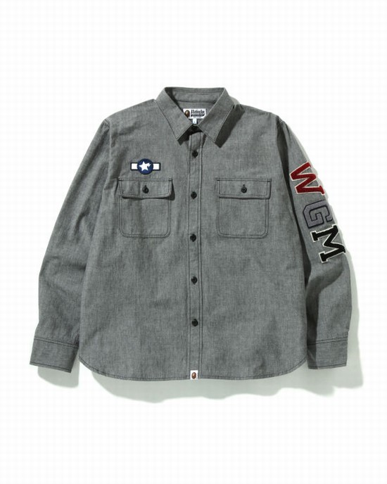 Bape Busy Shark Chambray Relaxed Fit Kosele Panske Čierne | SK-7892