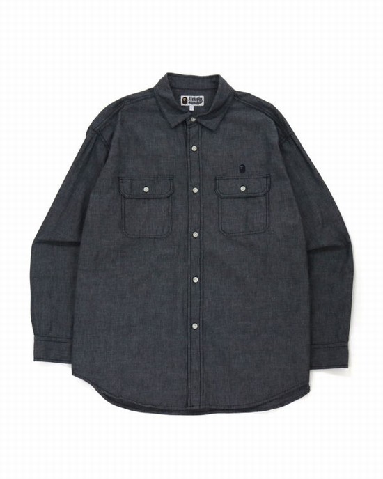 Bape Chambray Loose Fit Kosele Panske Čierne | SK-6095