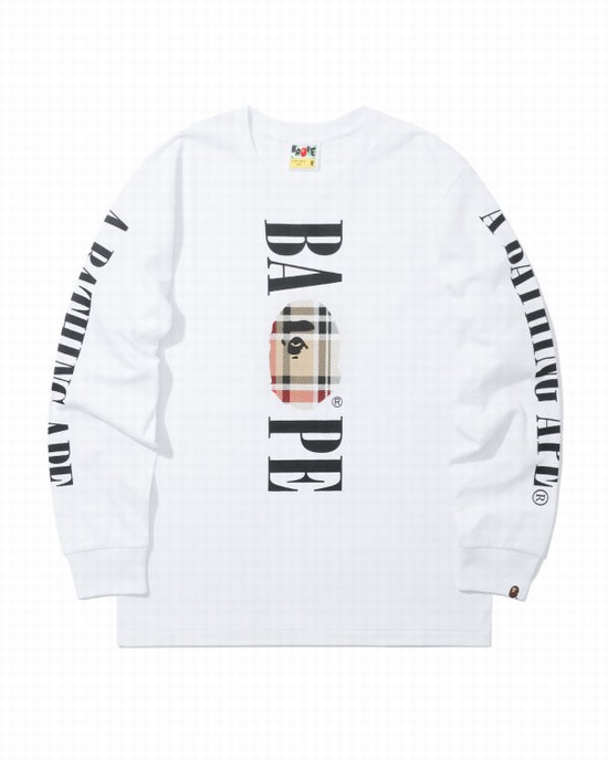 Bape Check Head long sleeve Tricko Panske Biele | SK-4560