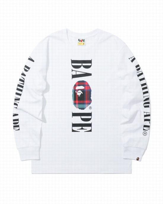 Bape Check Head long sleeve Tricko Panske Biele | SK-6217
