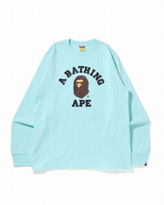 Bape College L/S Tricko Panske Svetlo Modre | SK-3986