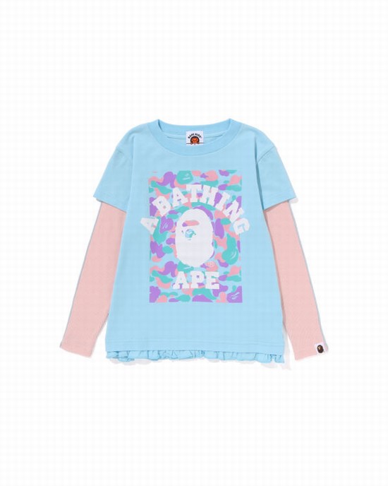 Bape College Layered Frill L/S Tricko Detske Svetlo Modre | SK-4395