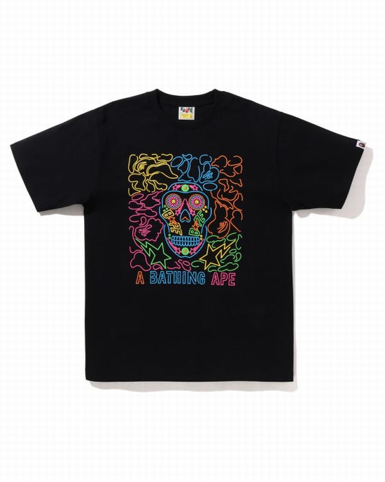 Bape Halloween Neon Mexican Skull Tricko Panske Čierne | SK-4176