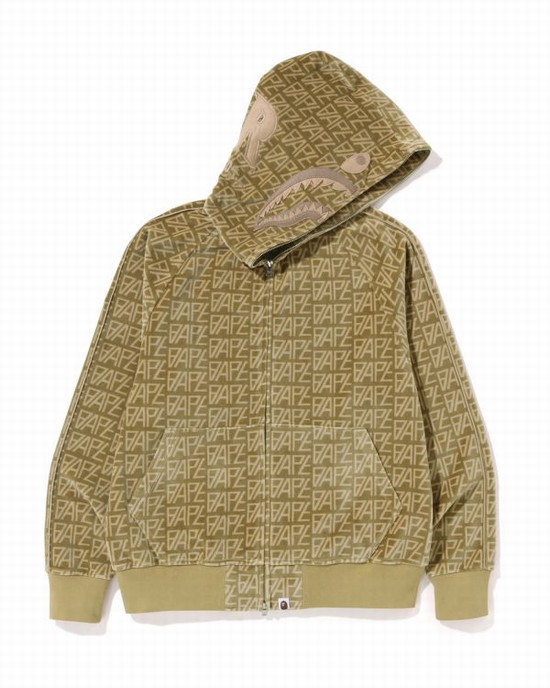 Bape Logo Monogram Velour Shark Full Zip Mikiny S Kapucňou Panske Béžové | SK-6408