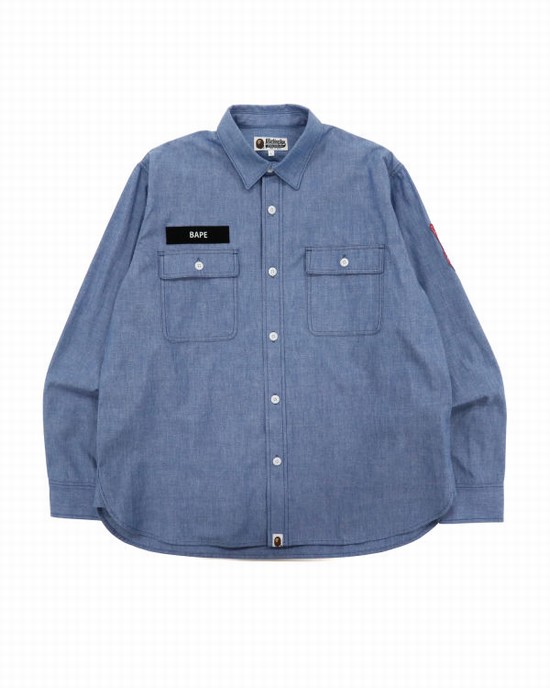 Bape Military Patch Relaxed Fit Chambray Kosele Panske Svetlo Modre | SK-7052
