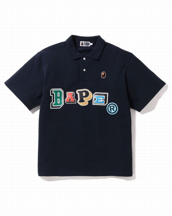 Bape Multi Fonts Relaxed Fit Polo Tricko Panske Námornícka Modrá Modre | SK-2896