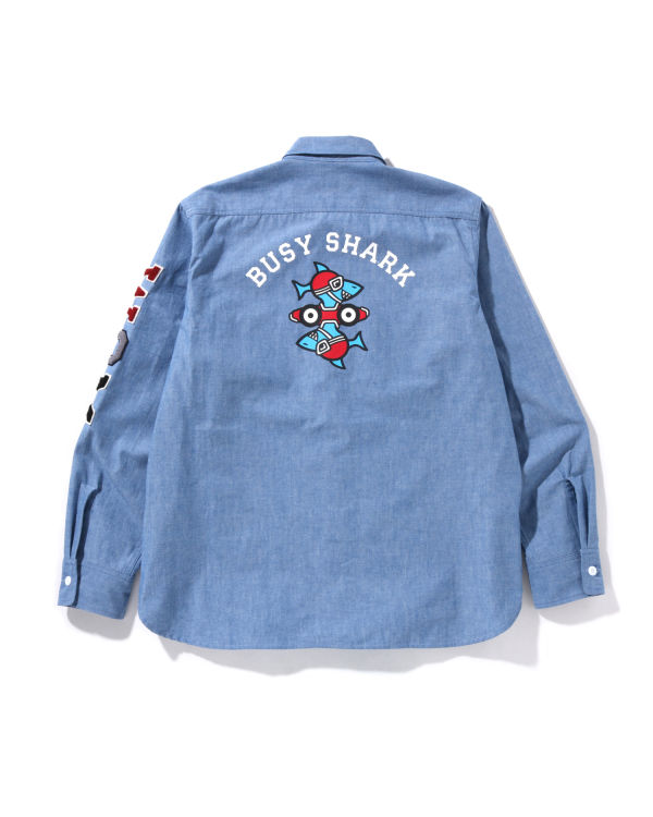 Bape Busy Shark Chambray Relaxed Fit Kosele Panske Modre | SK-8734