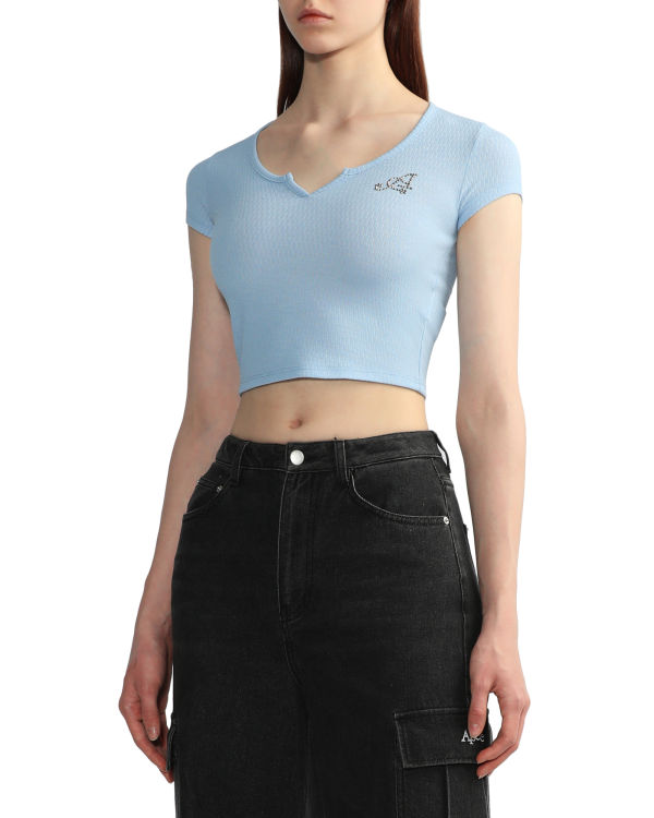 Bape V-neck crop Blúzky Damske Svetlo Modre | SK-9504